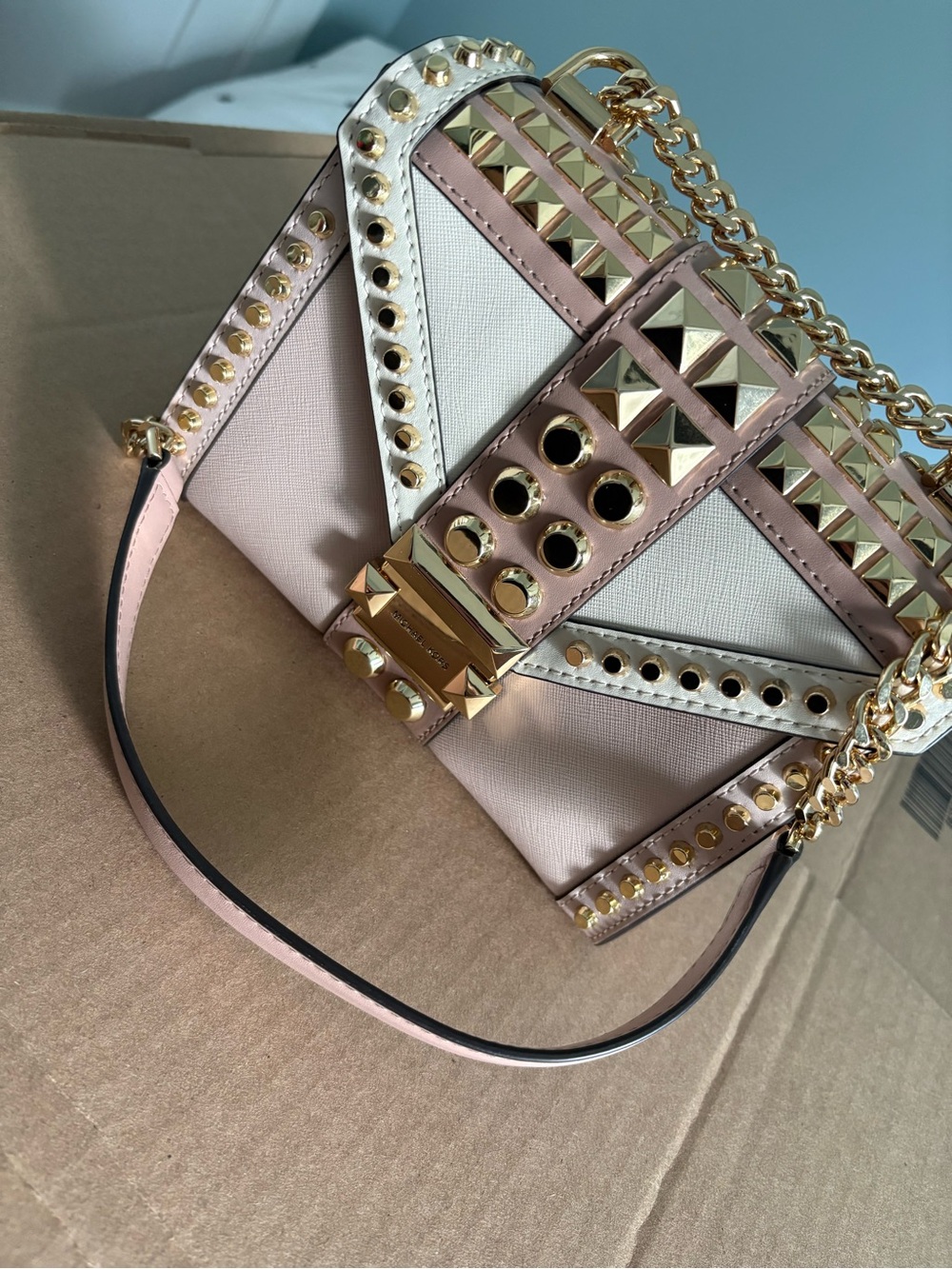 Michael Kors Stud-Embellished Pink and Cream Bag with Gold Hardware
